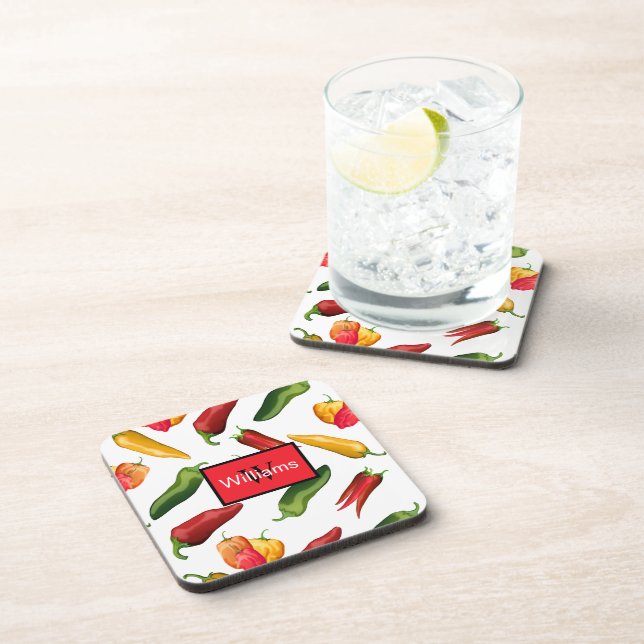 Spicy Hot Chili Peppers Monogrammed Beverage Coaster (Right Side)