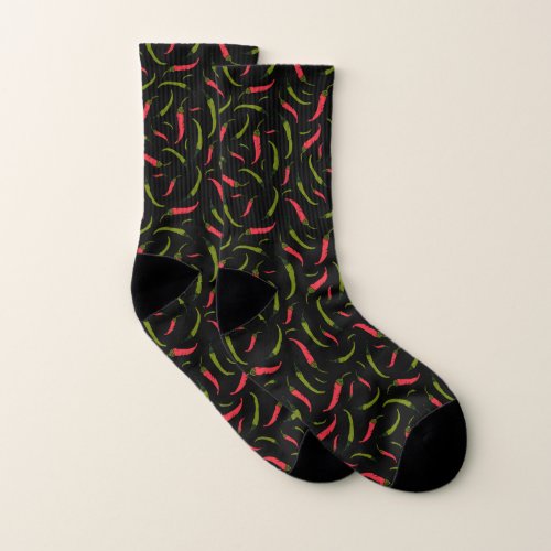 Spicy Hot Red and Green Chilli Pepper Black Socks