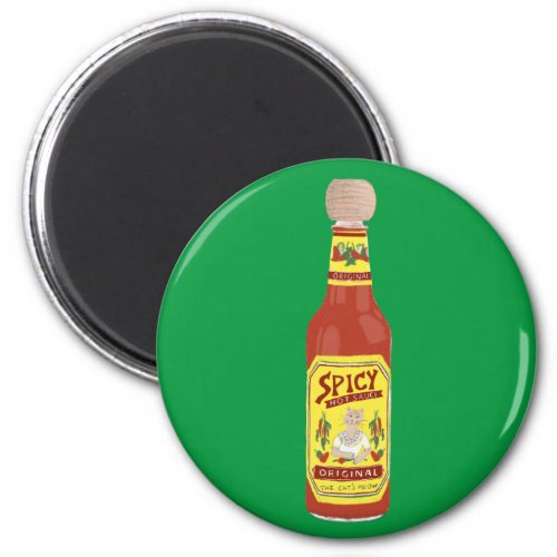 Spicy Hot Sauce Cat Picante Fun on Green Magnet