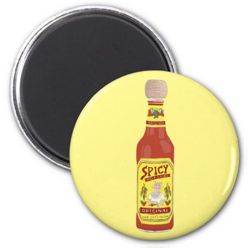Spicy Hot Sauce Cat Picante Fun on Yellow Magnet
