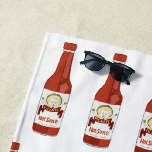 Spicy Hot Sauce Pattern cat with maracas on white Beach Towel