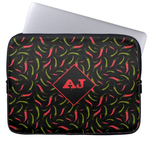 Spicy Red and Green Chilli Peppers on Black Laptop Sleeve