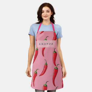 Spicy Red Chili Pepper Pattern on Pink Background Apron