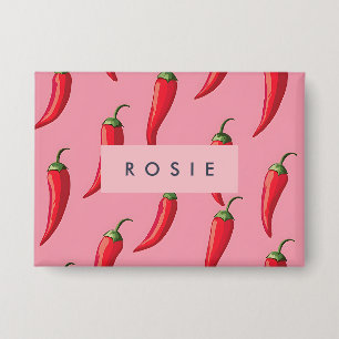 Spicy Red Chili Pepper Pattern on Pink Background Button