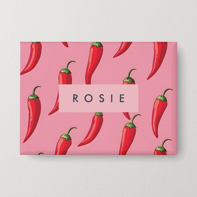Spicy Red Chili Pepper Pattern on Pink Background  Button (Front)