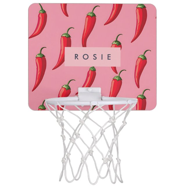 Spicy Red Chili Pepper Pattern on Pink Background  Mini Basketball Hoop (Front)