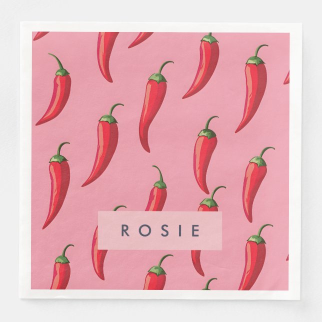 Spicy Red Chili Pepper Pattern on Pink Background  Paper Dinner Napkins (Front)