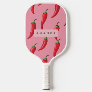 Spicy Red Chili Pepper Pattern on Pink Background Pickleball Paddle