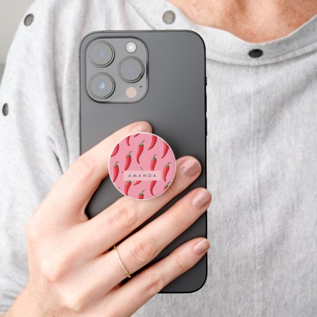Spicy Red Chili Pepper Pattern on Pink Background  PopSocket (Hand)