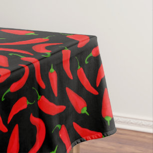 Spicy Red Chilli Pepper Pattern on Black Tablecloth