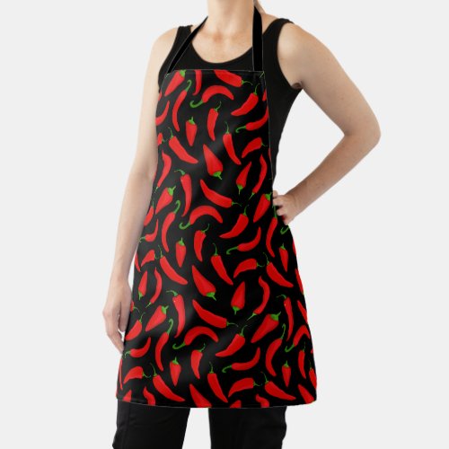 Spicy Red Chilli Peppers Pattern on Black Apron