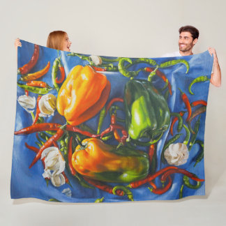 Spicy Still Life with Peppers and Garlic Fleece Blanket