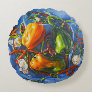 Spicy Still Life with Peppers and Garlic Round Pillow