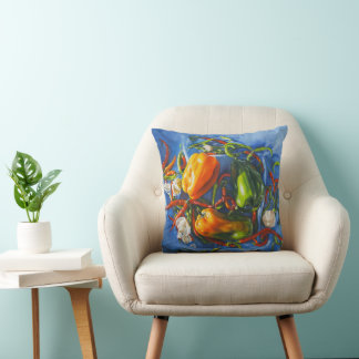 Spicy Still Life with Peppers and Garlic Throw Pillow