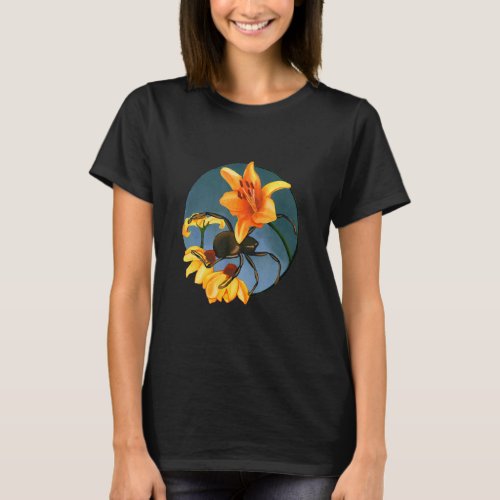 Spider And Flowers Blooms Arachnids Web Silk Insec T_Shirt