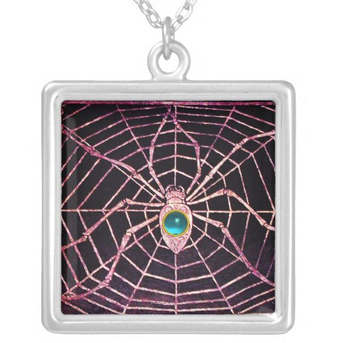 SPIDER AND WEB Blue Aquamarine Black Silver Plated Necklace