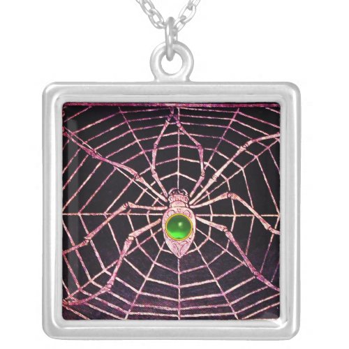 SPIDER AND WEB Green Emerald Black Silver Plated Necklace
