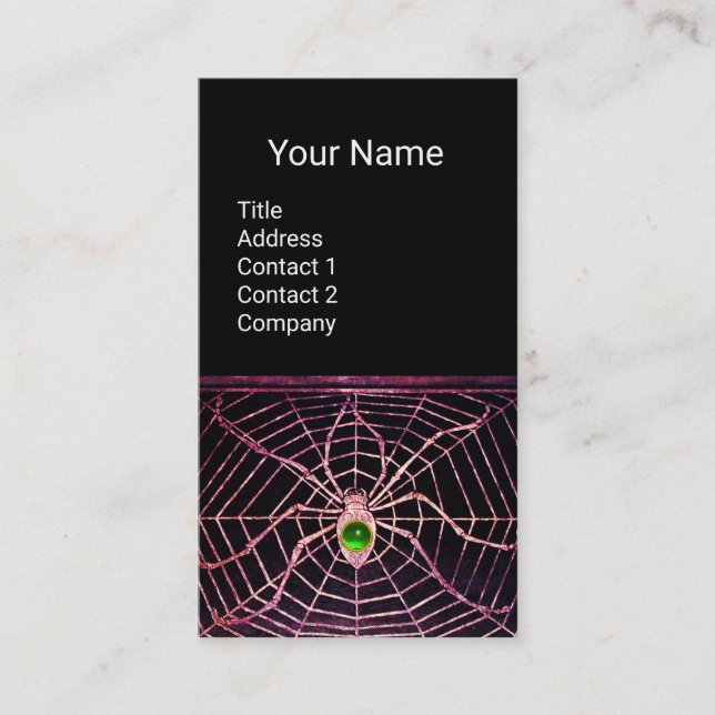 SPIDER AND WEB Green Emerald Gemstone Black Business Card (Front)