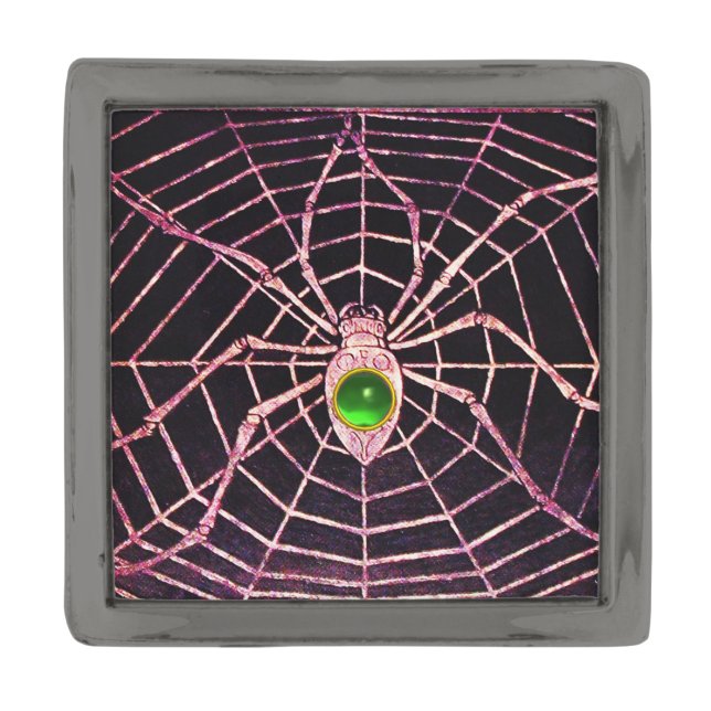 SPIDER AND WEB Green Emerald Gemstone Black Gunmetal Finish Lapel Pin (Front)