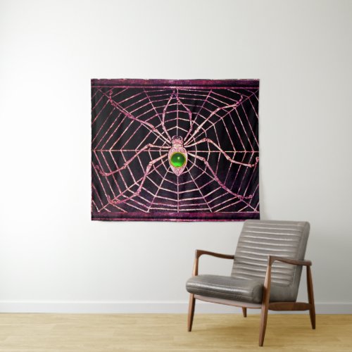 SPIDER AND WEB Green Emerald Gemstone Black Tapestry