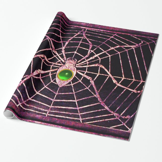 SPIDER AND WEB Green Emerald Gemstone Black Wrapping Paper (Unrolled)