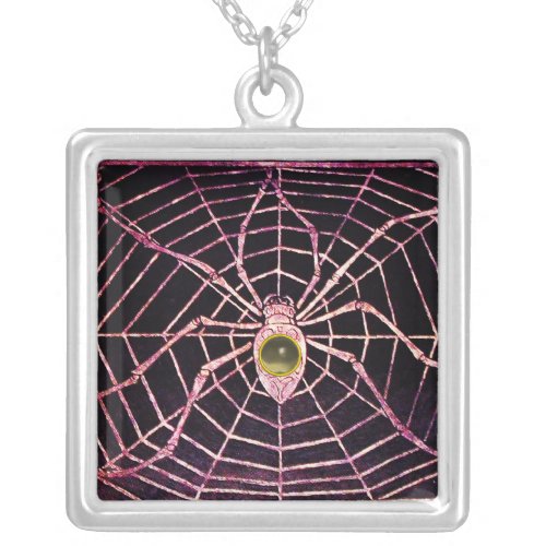 SPIDER AND WEB  Grey Agate Black Silver Plated Necklace
