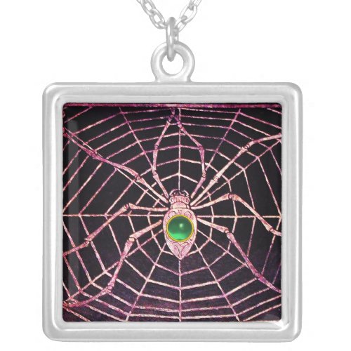 SPIDER AND WEB Jade Green Black Silver Plated Necklace