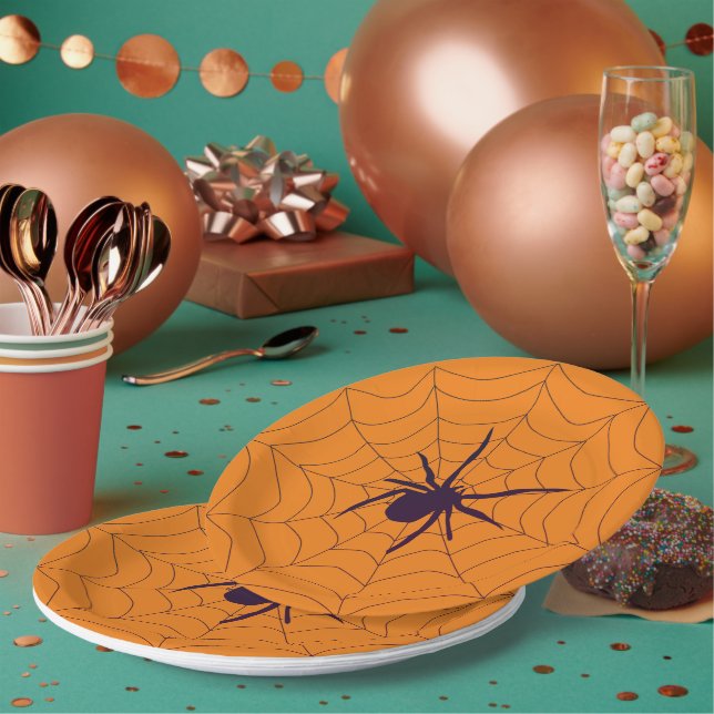 Spider and Web on Orange Party Paper Plates (Multi)