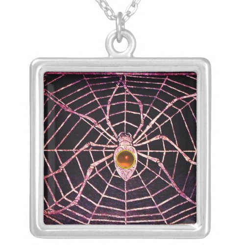 SPIDER AND WEB Orange Agate Black Silver Plated Necklace