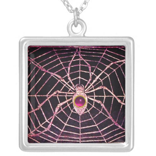 SPIDER AND WEB Pink Fuchsia  Amethyst Black Silver Plated Necklace