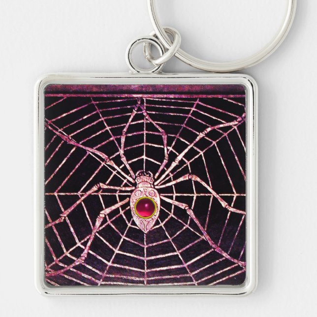 SPIDER AND WEB Pink Fuchsia Ruby Black Keychain (Front)