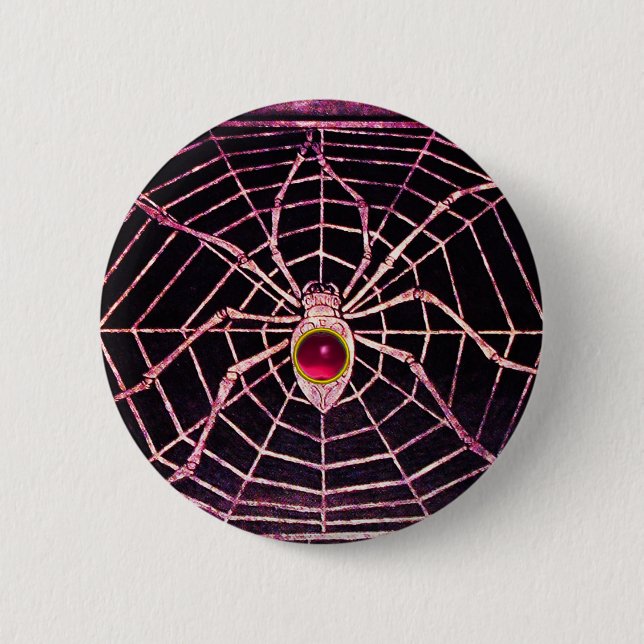 SPIDER AND WEB Pink Fuchsia Ruby Black Pinback Button (Front)