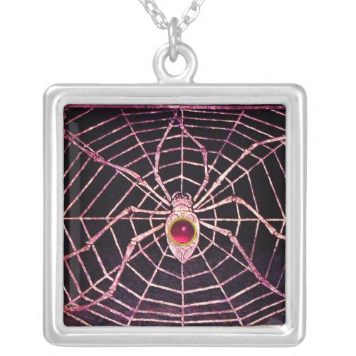 SPIDER AND WEB Pink Fuchsia Ruby Black Silver Plated Necklace