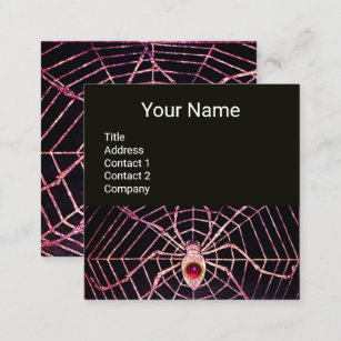 SPIDER AND WEB Pink Fuchsia Ruby Gemstone Black Square Business Card