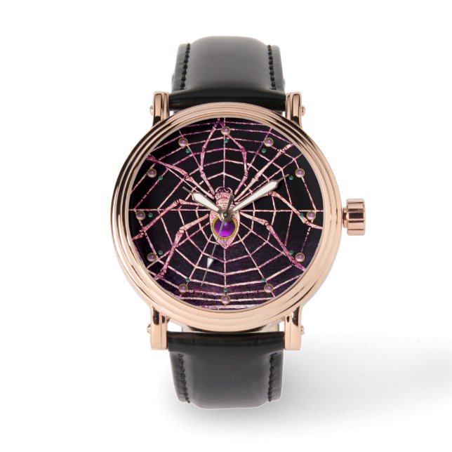 SPIDER AND WEB Pink Purple Amethyst Gems ,Black Watch (Front)
