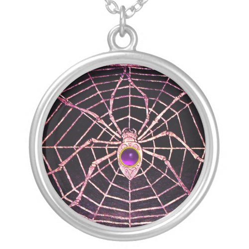 SPIDER AND WEB Purple Amethyst Black Silver Plated Necklace