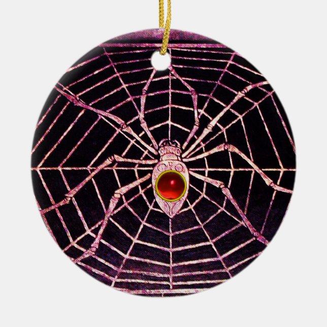 SPIDER AND WEB Red Ruby Black Ceramic Ornament (Front)