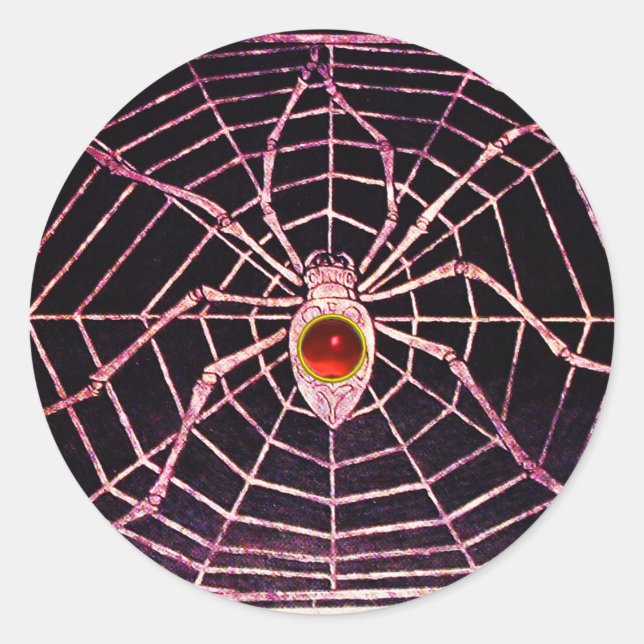 SPIDER AND WEB Red Ruby Black Classic Round Sticker (Front)