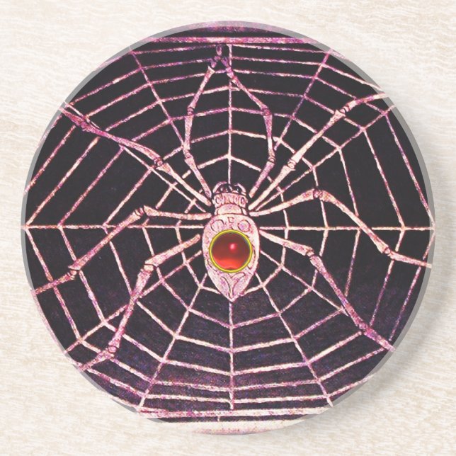SPIDER AND WEB Red Ruby Black Coaster (Front)