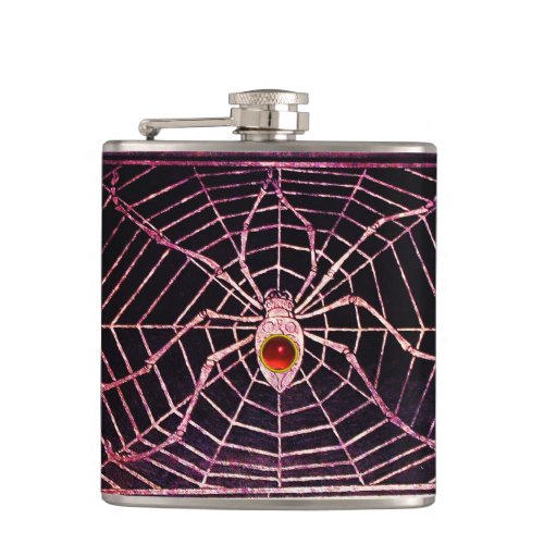 SPIDER AND WEB Red Ruby Black Hip Flask