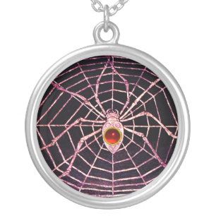 SPIDER AND WEB Red Ruby Black Silver Plated Necklace