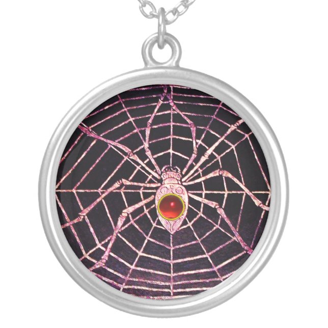 SPIDER AND WEB Red Ruby Black Silver Plated Necklace (Front)