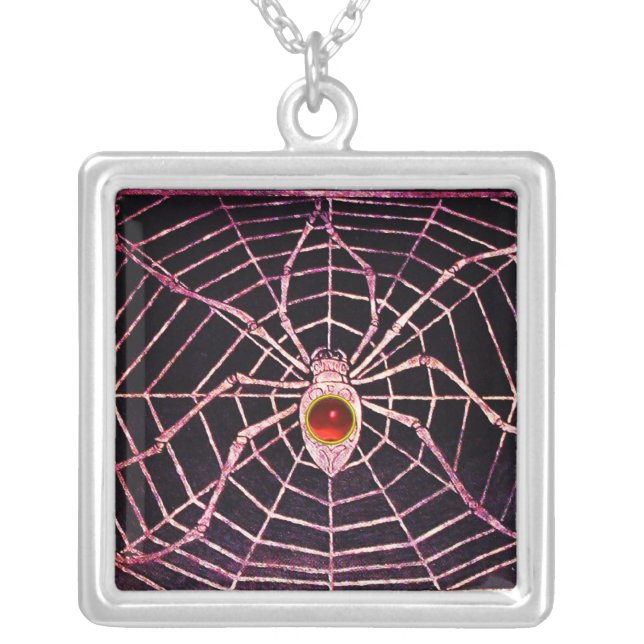 SPIDER AND WEB Red Ruby Black Silver Plated Necklace (Front)