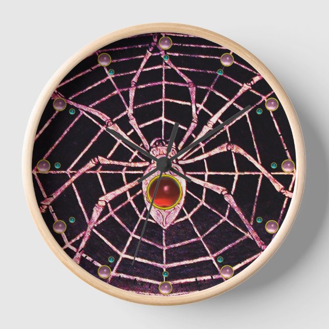 SPIDER AND WEB Red Ruby Gemstone Black Clock (Front)