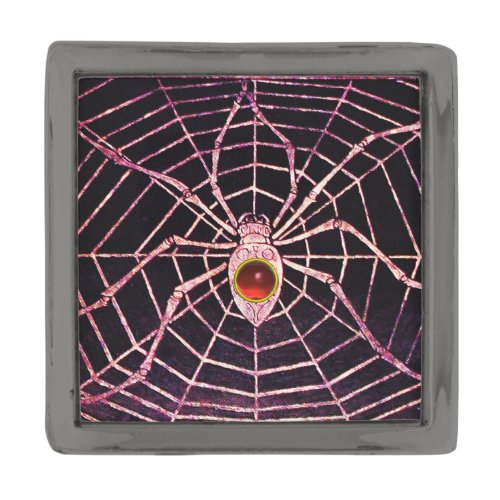 SPIDER AND WEB Red Ruby Gemstone Black Gunmetal Finish Lapel Pin