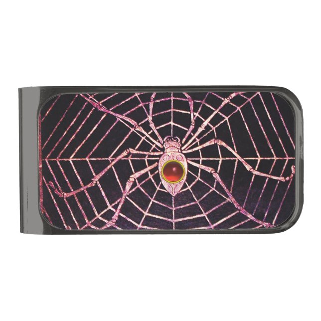 SPIDER AND WEB Red Ruby Gemstone Black Gunmetal Finish Money Clip (Front)