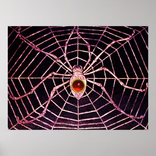 SPIDER AND WEB Red Ruby Gemstone Black Poster