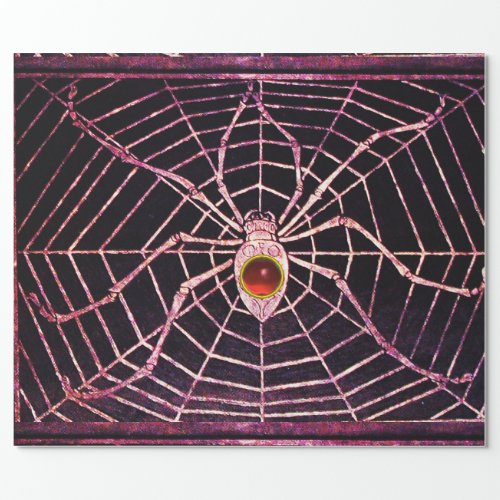 SPIDER AND WEB Red Ruby Gemstone Black Wrapping Paper