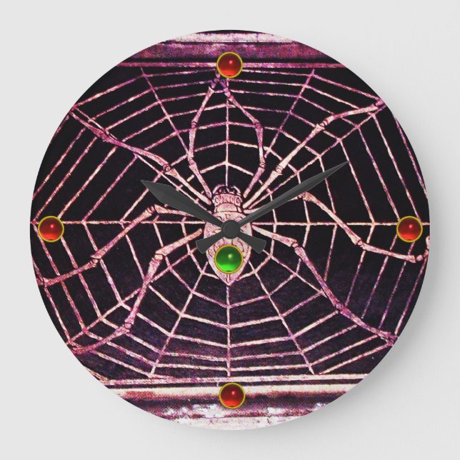 SPIDER AND WEB Red Ruby ,Green Emerald Gems Black Large Clock (Front)
