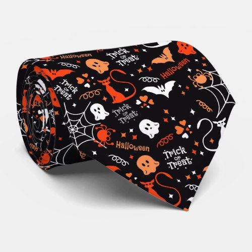 Spider Bat Cat Web Trick Ghost Spooky Halloween Neck Tie